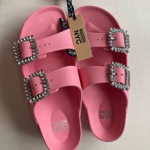 Madden NYC Bubblegum Pink Bejeweled Rhinestone Two Buckle Sturdy Foam Sandals 9